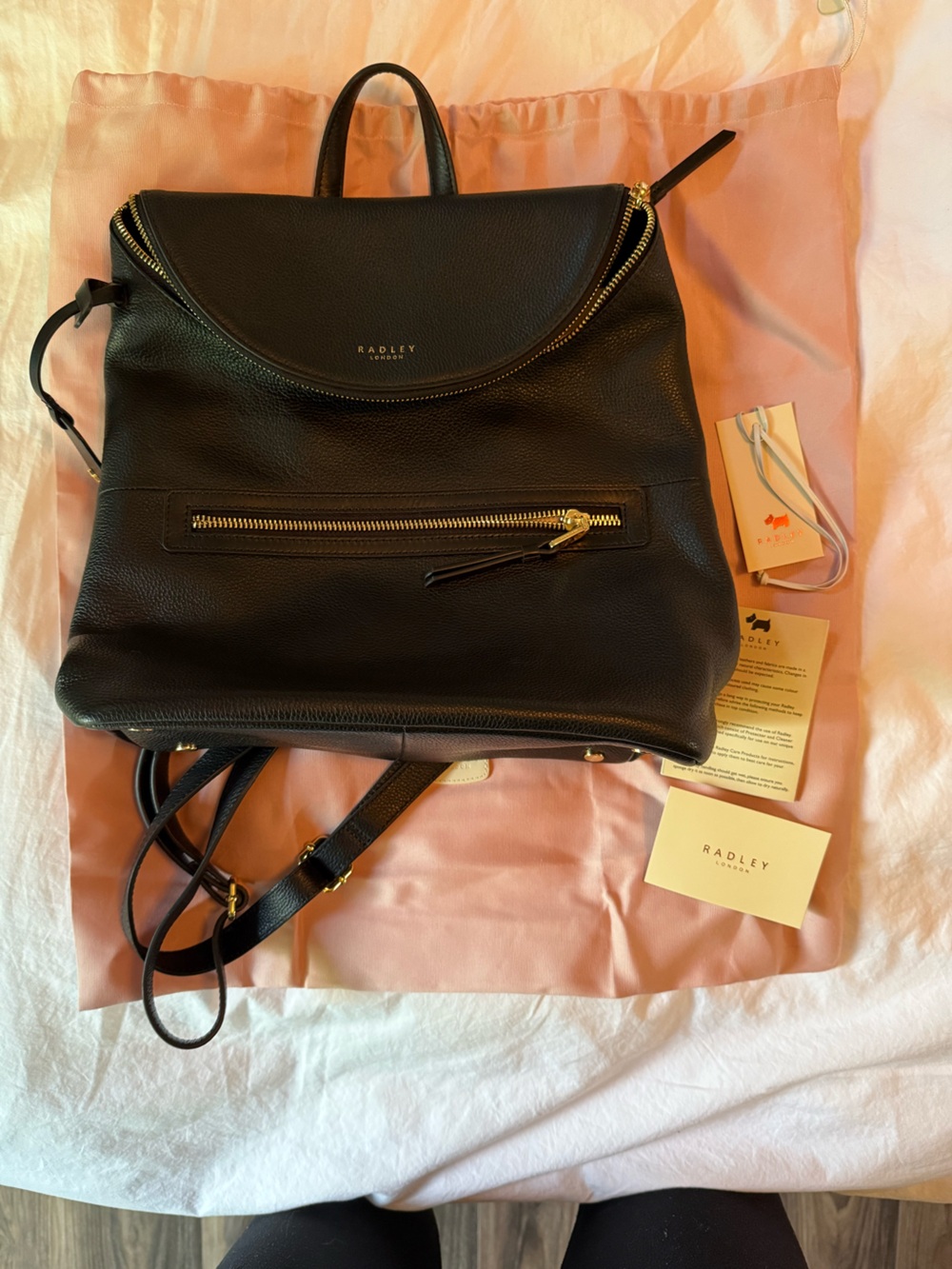 RADLEY LONDON Black Pebbled Leather Backpack with Gold Hardware
